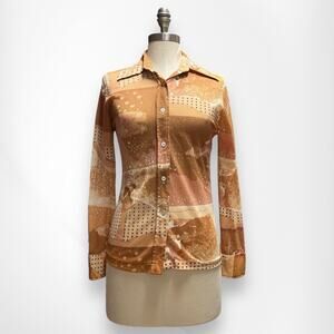 Vintage Disco Shirt 60s 70s Carnival Print Earth Tone Color Size Small